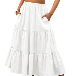 Women’s Summer Boho Flowy Swing Tiered A-Line Maxi Skirt 2025 Fashion White